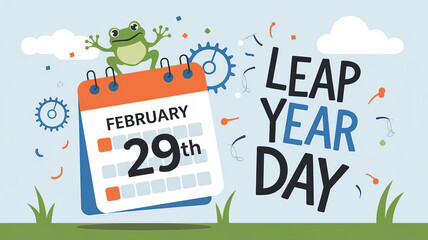 Leap Year Day lettering greeting cartoon poster with calendar page February 29th and frog, generative ai