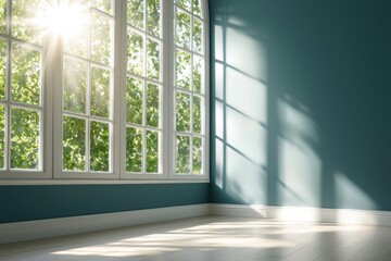 Fototapeta premium A large window in a room with a blue wall