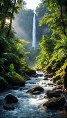Fototapeta premium Enchanting Jungle Waterfall: A Serene Oasis of Mist and Lush Greenery in a Vibrant Ecosystem