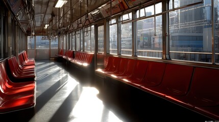 Sunlight streams into an empty subway car, illuminating deep red seats and casting geometric shadows.