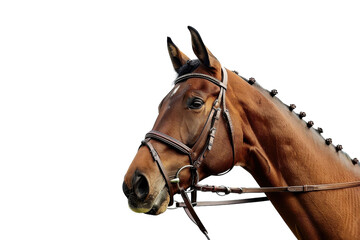 Obraz premium Brown horse with braided mane stands confidently against a light background during a calm outdoor moment
