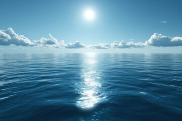 Fototapeta premium Bright blue sky over ocean with sailboats sailing peacefully, clouds scattered in the distance, creating a serene and beautiful seascape.