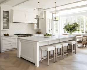 Fototapeta premium An open layout kitchen combines minimalist Copenhagen style with a counter-height island chevron oak floors and off-white interiors