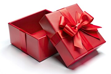 Obraz premium Night Photography Red Gift Box Mockup, 3D Rendered Present Box, Red Ribbon Bow, Product Display, Isolated White Background