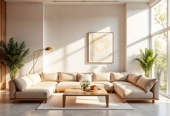 Minimalist Living Room with Beige Sectional Sofa and Wooden Coffee Table