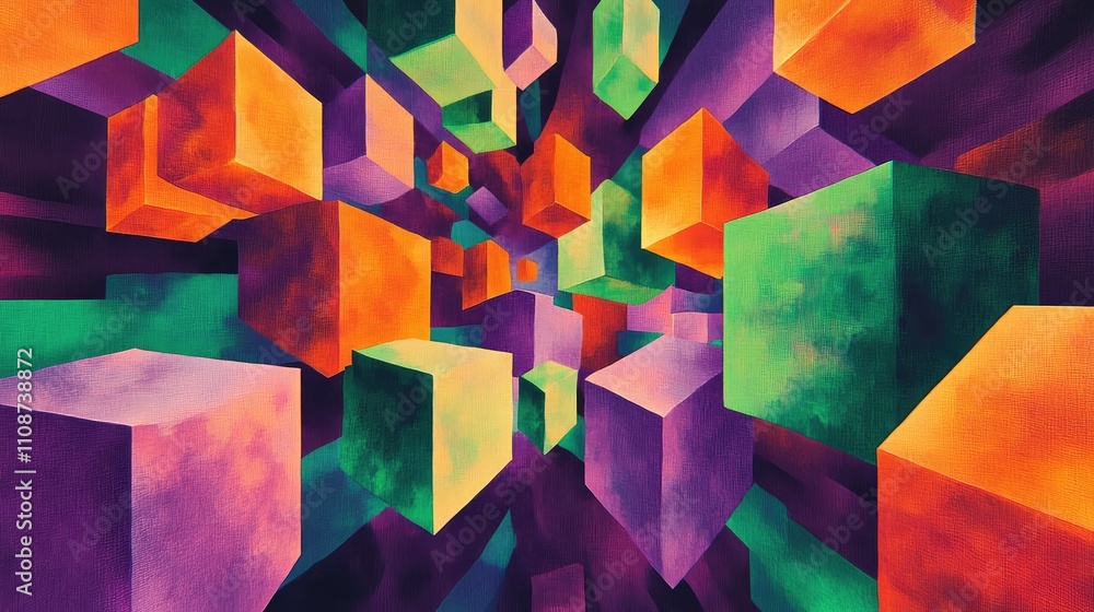 Poster colorful pixelated illusion art, where cubes appear to float in space, creating a 3d-like visual eff