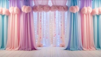 Whimsical Pastel Dreamscape with Ethereal Curtains and Twinkling Lights