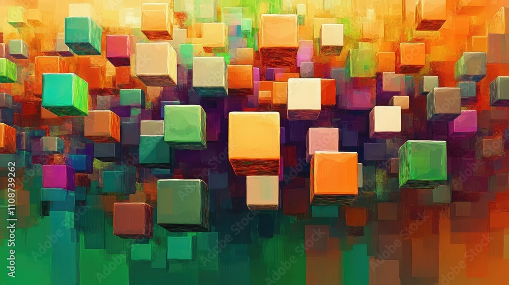 Poster colorful pixelated illusion art, where cubes appear to float in space, creating a 3d-like visual eff