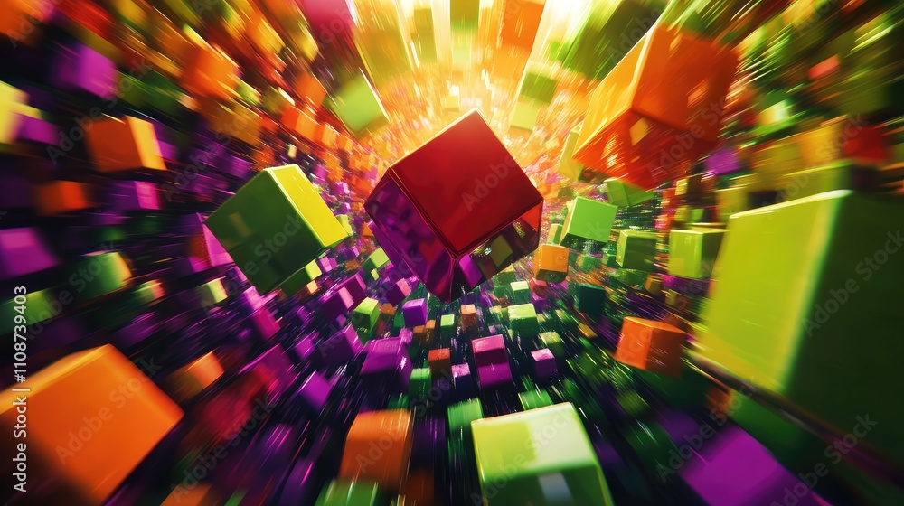 Poster colorful pixelated illusion art, where cubes appear to float in space, creating a 3d-like visual eff