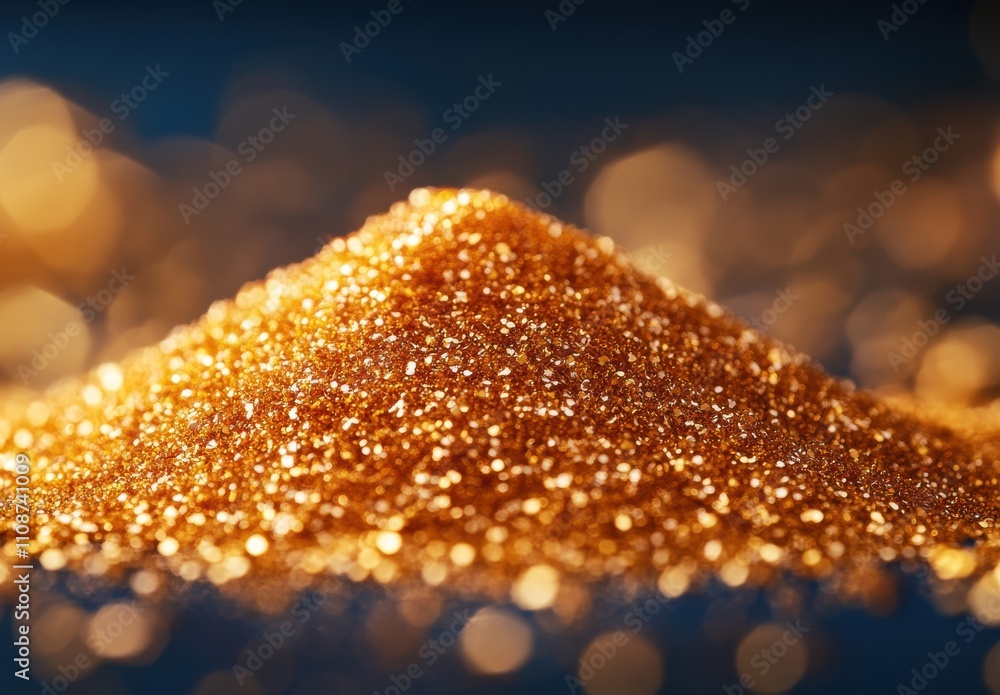 Poster A Close-Up View of a Glimmering Pile of Fine Golden Glitter with a Shimmering Bokeh Background Sparkling Under Soft Ambient Light