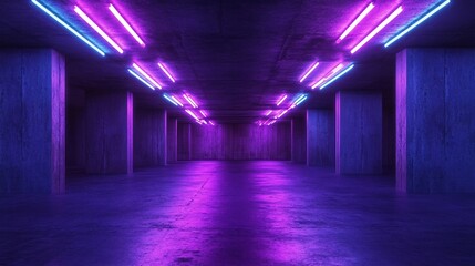 Fototapeta premium a long hallway with purple lights and no people