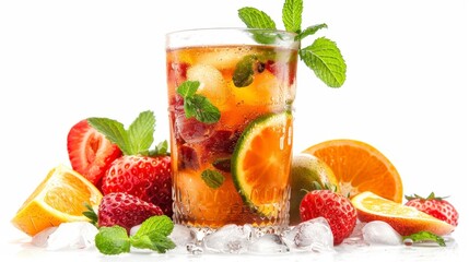 A glass of rum punch with fruit garnishes, isolated on a white background