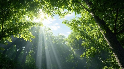 Obraz premium Tranquil Forest with Sunlight Filtering Through Green Leaves