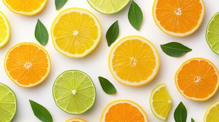 Fototapeta premium A colorful abstract pattern created with slices of lemons, limes, oranges, and grapefruits, arranged on a white background, showcasing the vibrant colors and shapes of citrus fruits.