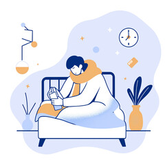 Obraz premium Sick poeple in bed or sofa, feeling unwell from seasonal allergies, cold, or flu. Rest and treatment concept. Flat cartoon illustration.