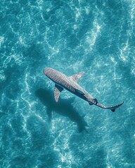 Obraz premium A Majestic Shark Gliding Through Crystal Clear Waters, Showcasing Its Graceful Movement and Stunning Patterns Beneath the Brilliant Ocean Surface Illuminated by Sunlight