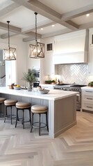 An open layout kitchen combines minimalist Copenhagen style with a counter-height island chevron oak floors and off-white interiors