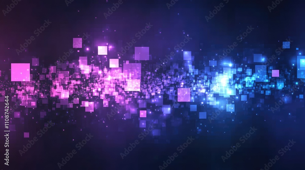 Aufkleber glowing pixel blocks floating in mid-air, creating a radiant abstract design in shades of purple and