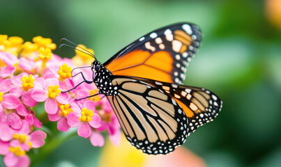 Serene monarch butterfly delicately feeding on vibrant pink lantana flower moment of peaceful beauty