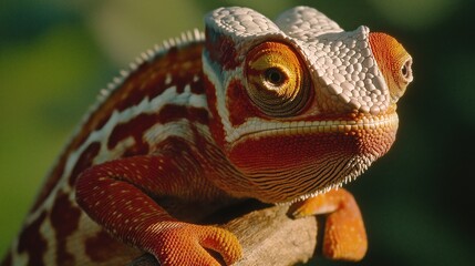 Fototapeta premium A chameleon rests calmly on a branch, showcasing its vivid colors and striking patterns. Sunlight illuminates its scales, highlighting its unique features in a lush environment.