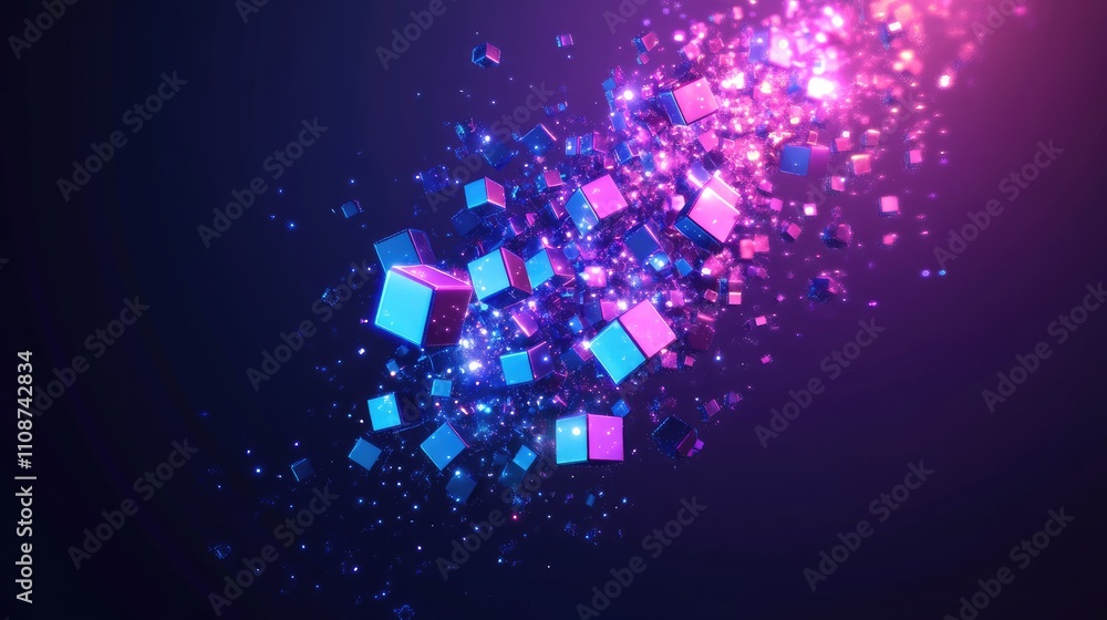 Poster glowing pixel blocks floating in mid-air, creating a radiant abstract design in shades of purple and
