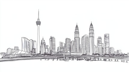 Fototapeta premium Urban Silhouette: Iconic Buildings in Single-Line Sketch