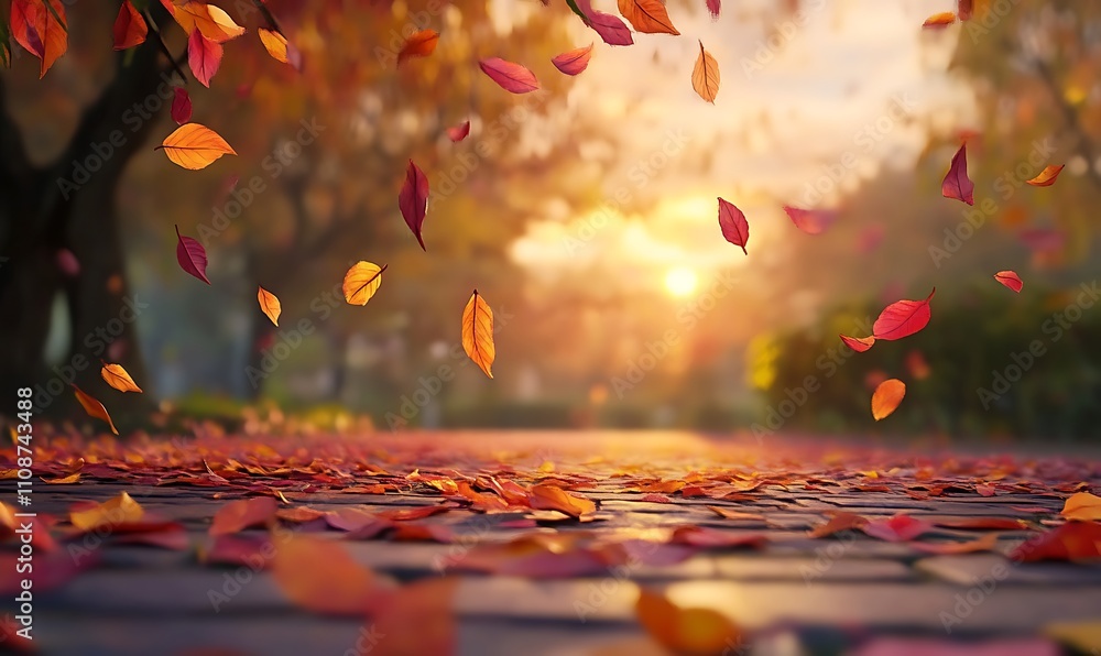 Poster a serene autumn scene with colorful leaves gently falling, illuminated by warm sunlight, creating a 