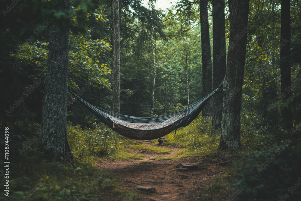 Poster hammock hanging between trees in a serene forest setting, surrounded by lush green foliage and dappl
