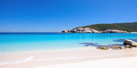 An island with clear water and blue sky during the day. AI generated