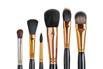 Various makeup brushes arranged neatly on a white background showcasing different sizes and shapes for different applications