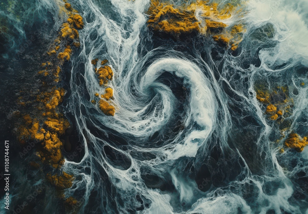 Poster abstract aerial view of a swirling water pattern with foam and algae in rich textures and color tone