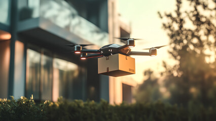 A drone flying in air carrying a delivery package showing online delivery and logistic concept