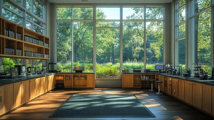 Fototapeta premium Nature study area with microscope stations and specimen displays