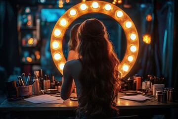 Actress at Vanity Mirror with Glowing Lights  
