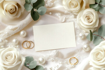Elegant wedding invitation setup surrounded by white roses and decorative elements on a soft fabric, mockup