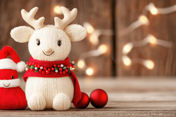 Fototapeta premium Adorable Knit Reindeer Christmas Ornament Festive Decor Holiday Season Winter Wonderland Rustic