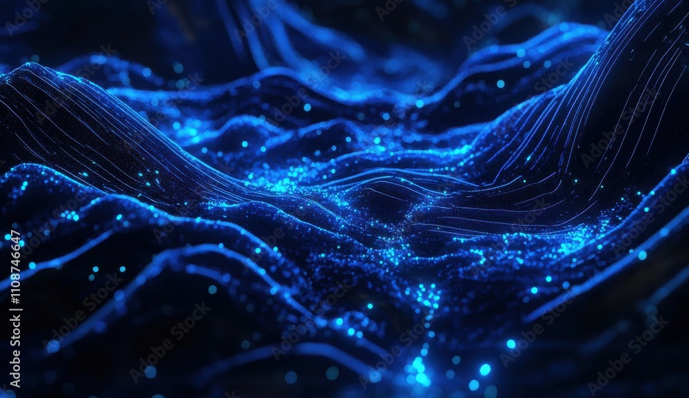 Poster abstract digital landscape with glowing blue particles and flowing lines, creating a stunning visual