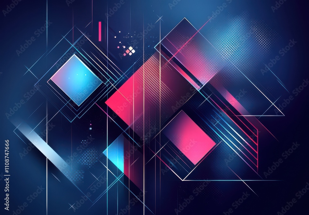 Poster abstract geometric design featuring vibrant blue and pink colors with intersecting lines and shapes 