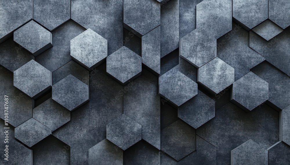 Poster abstract hexagonal wall design featuring three-dimensional geometric shapes with a textured surface 