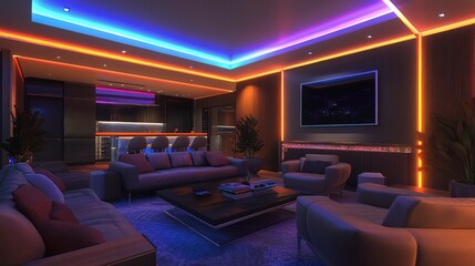 Naklejka premium Contemporary lounge with neon ceiling features and upscale seating 
