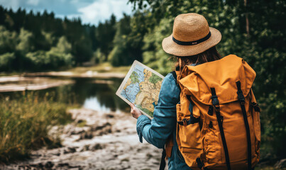 Woman hiker studying map, feeling adventurous and excited