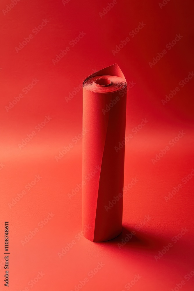 Poster abstract red paper roll on smooth background showcasing intricate curves and textures, perfect for m