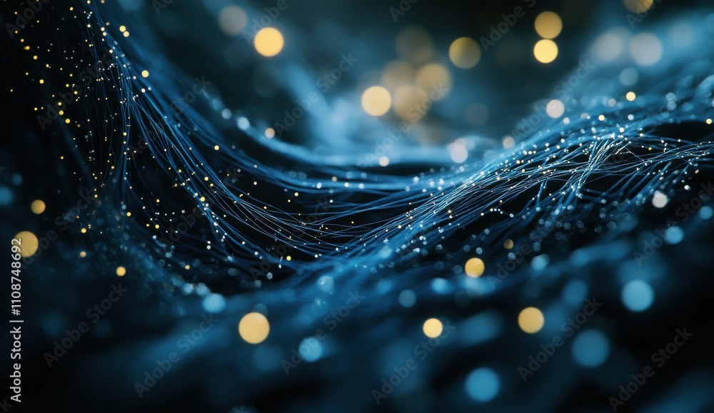 Poster abstract representation of flowing digital particles and light bokeh against a dark background, crea