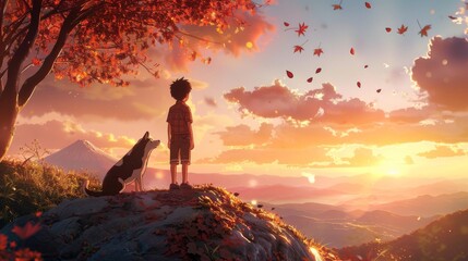 Fototapeta premium A boy and a dog stand on a cliff, overlooking a scenic sunset with floating leaves and a vast landscape of mountains and clouds