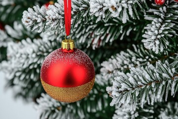 Festive Red and Gold Christmas Ornament on Snowy Tree