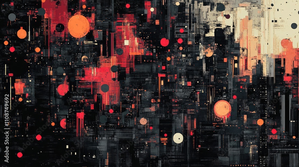 Poster hand-drawn pixel design with imperfect pixel clusters scattered across the canvas, using dark tones 