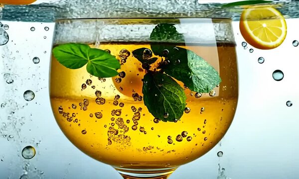 A glass of bubbly drink with lemon slices and mint leaves. Water splashes around.