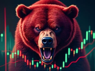 Red bear pouncing with a stock and crypto market graph background illustrating a bear market