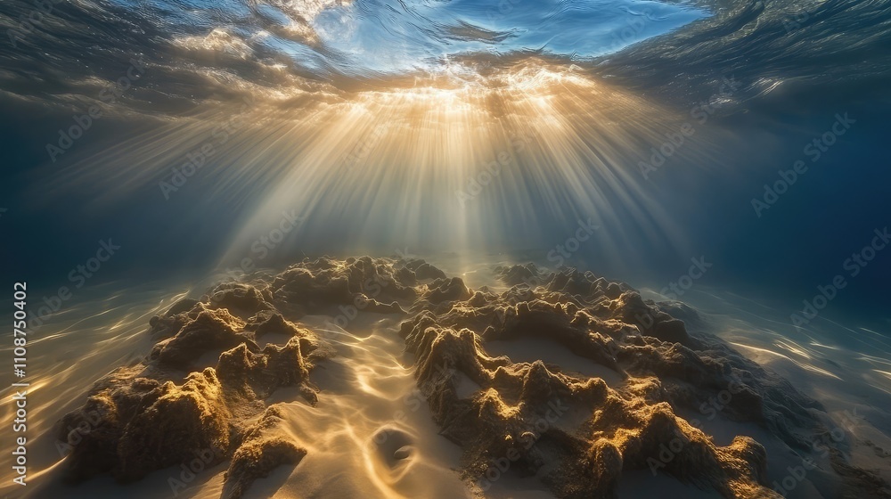 Aufkleber light rays breaking through the water surface, casting dancing patterns on submerged rocks and sand 