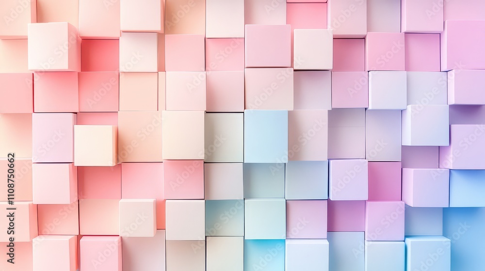 Poster minimal abstract composition of soft, pastel pixel blocks interspersed with empty space, creating a 